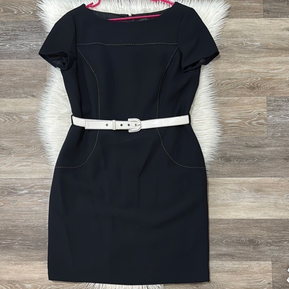 Tahari Black Sheath Dress with Bateau Neckline Size 14